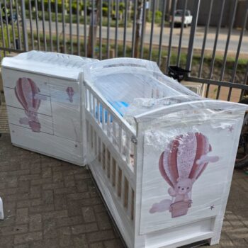 2 x 4 Ft Wooden baby cot and 3 by 3 ft chest of drawers